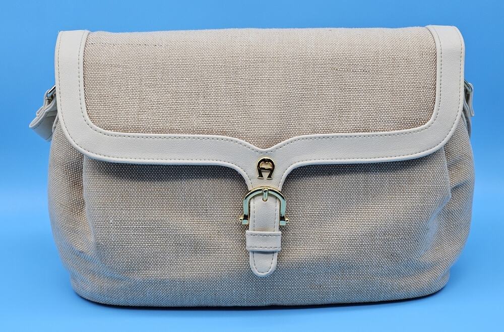 Etienne Aigner Vintage Jute and Tan Manmade Leather Shoulder Bag Purse